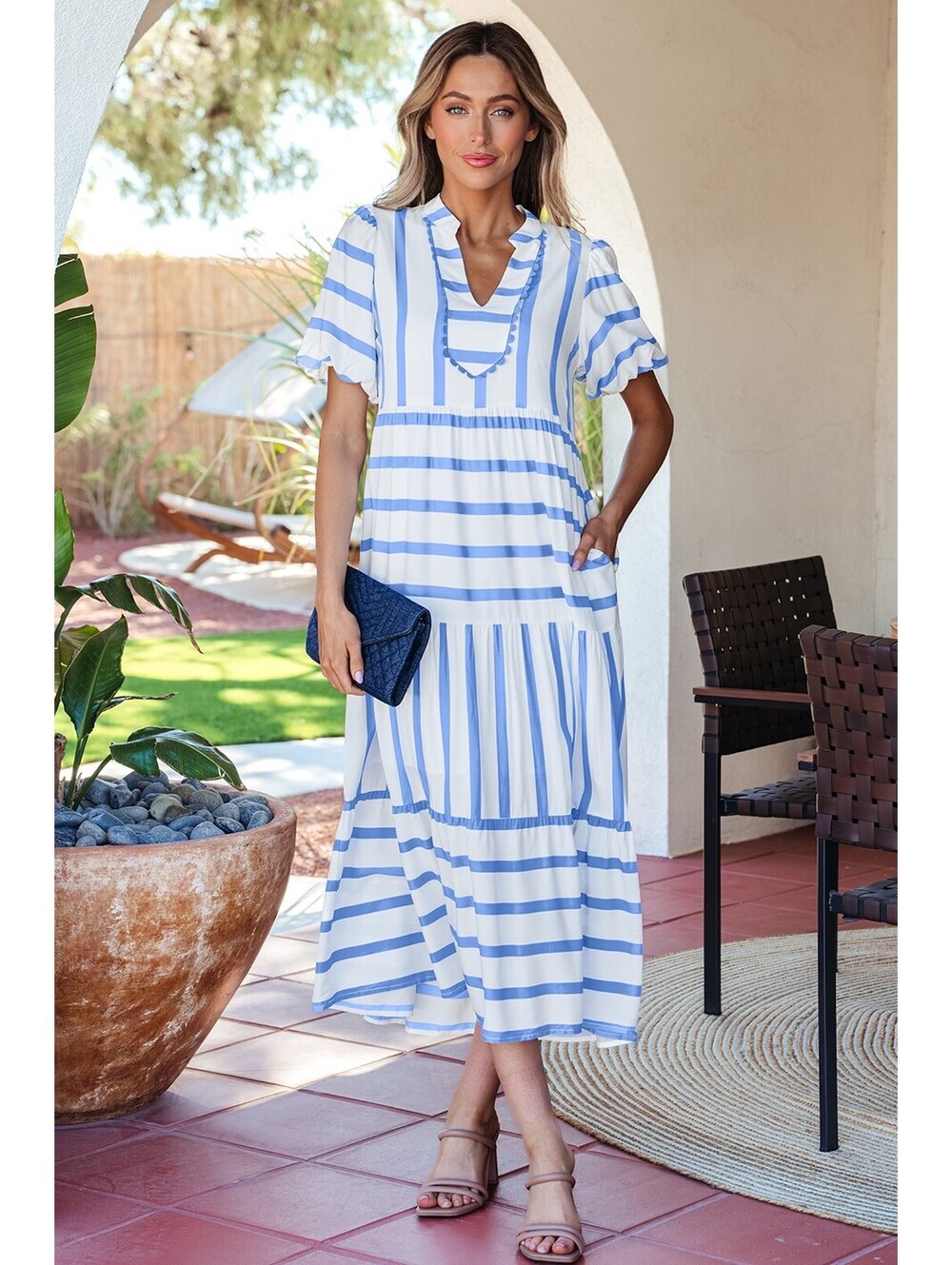 Blue and White Striped Midi Dress with Puff Sleeves